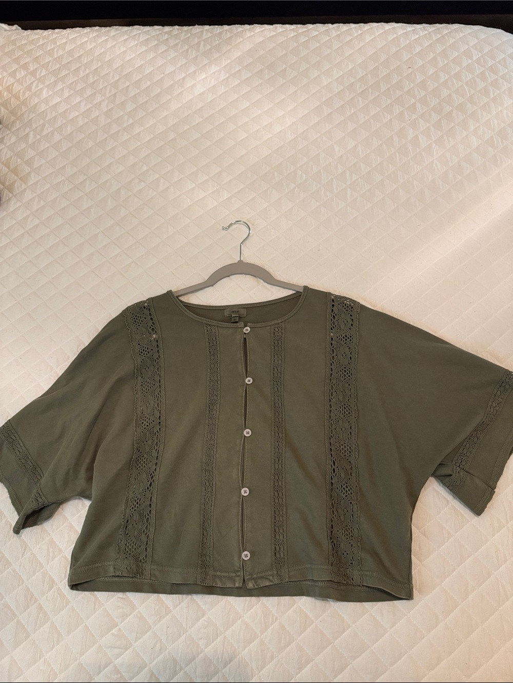 aerie Olive Green Button-Front Crop Top with Lace Insets